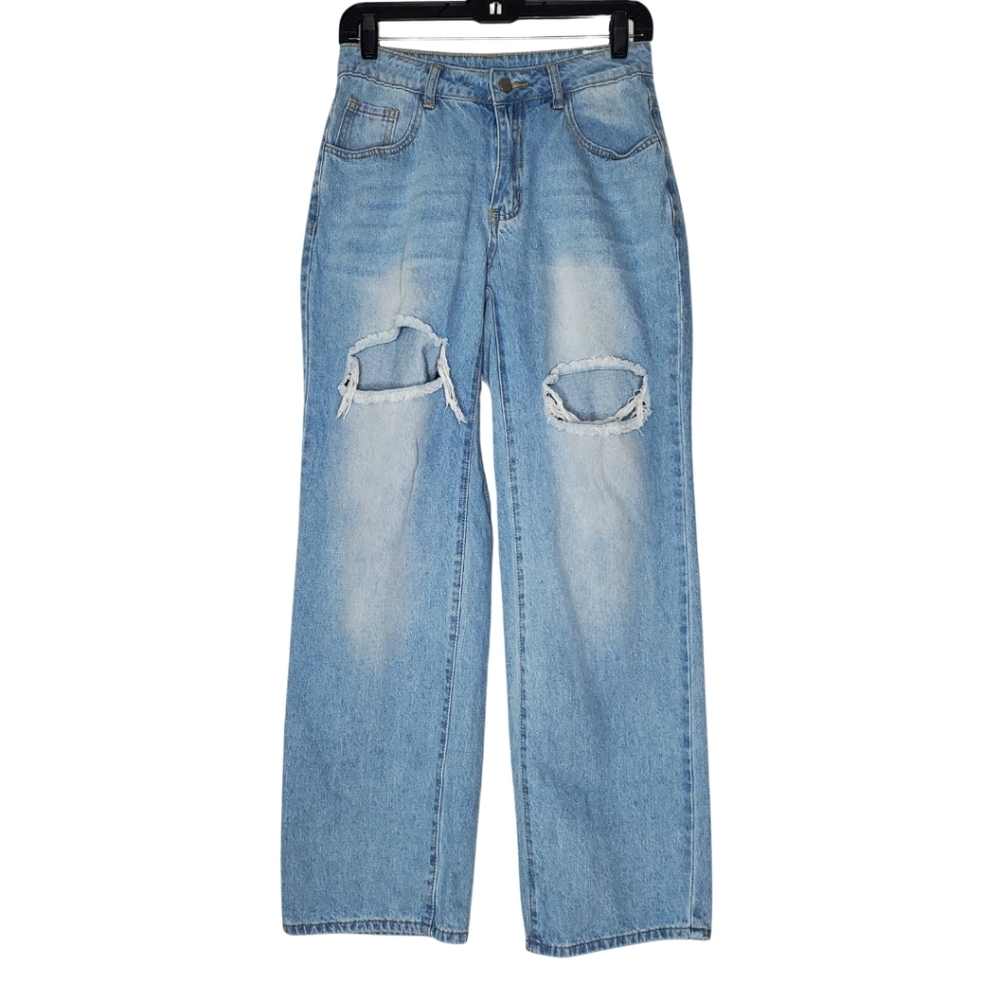 SHEIN Light Blue Distressed Wide Leg Jeans